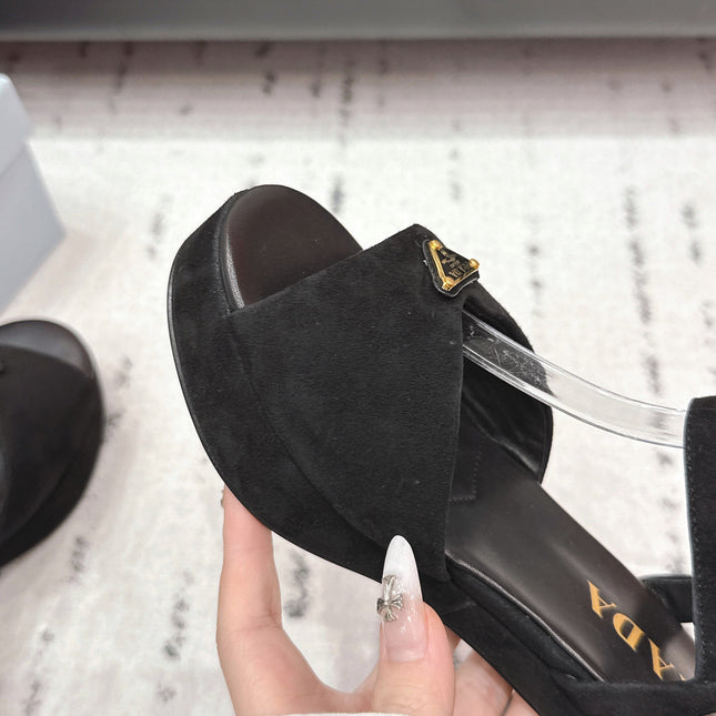 PRADA 26S HEELED SANDALS 75MM IN BLACK SUEDE WITH LOGO