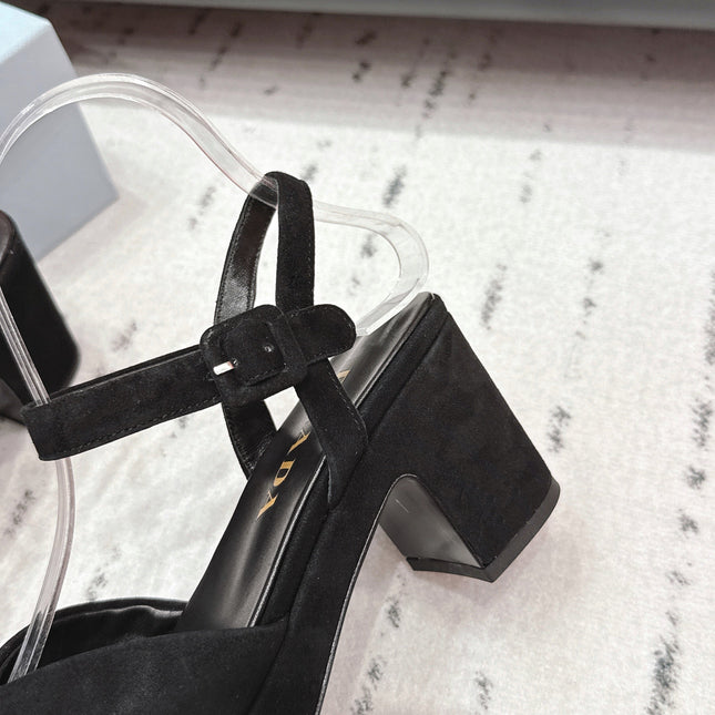 PRADA 26S HEELED SANDALS 75MM IN BLACK SUEDE WITH LOGO