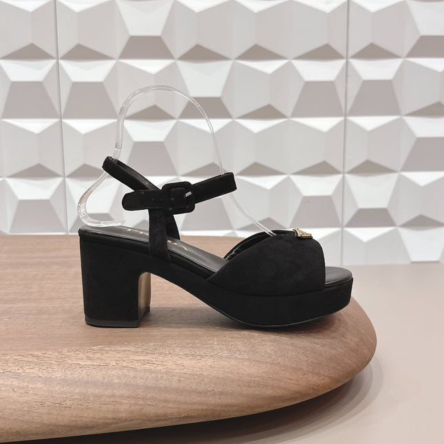 PRADA 26S HEELED SANDALS 75MM IN BLACK SUEDE WITH LOGO