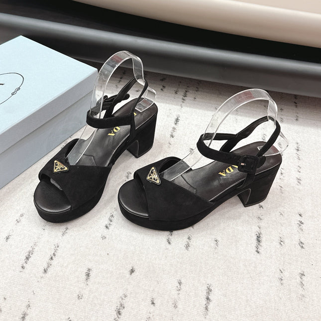 PRADA 26S HEELED SANDALS 75MM IN BLACK SUEDE WITH LOGO