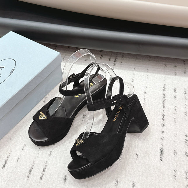 PRADA 26S HEELED SANDALS 75MM IN BLACK SUEDE WITH LOGO