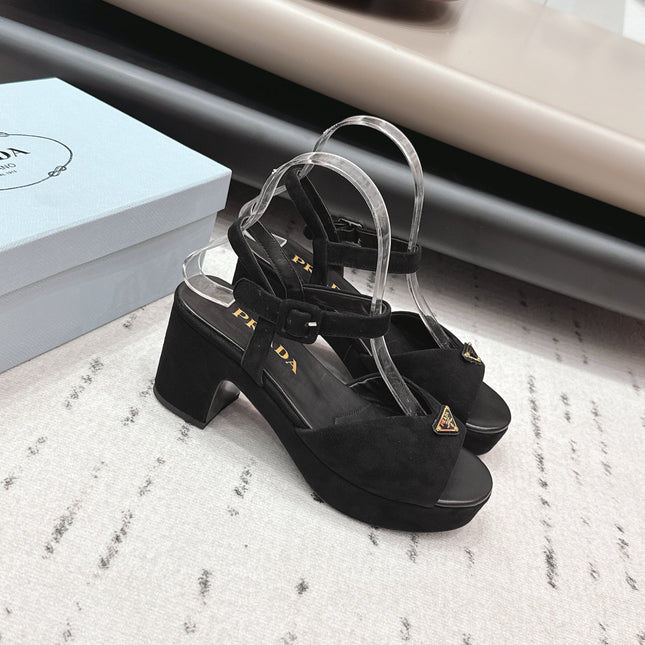 PRADA 26S HEELED SANDALS 75MM IN BLACK SUEDE WITH LOGO