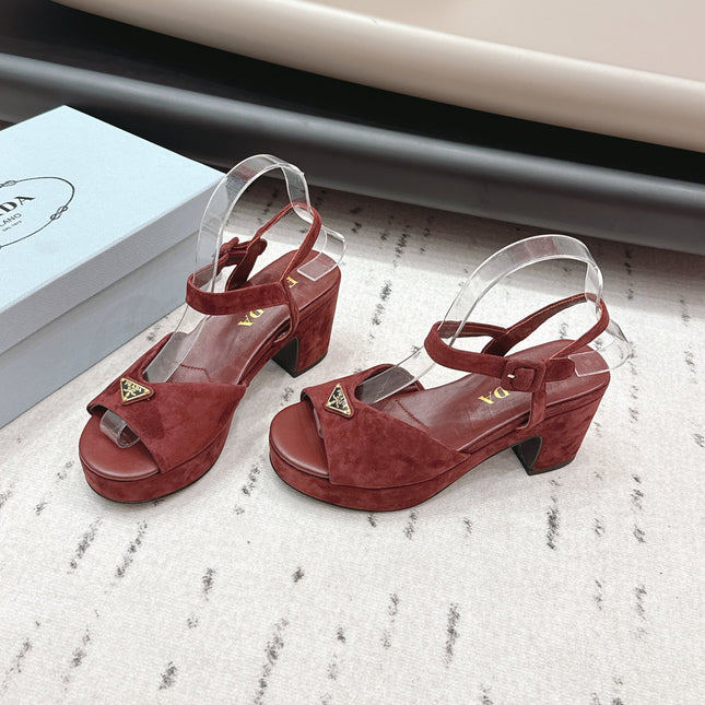 PRADA 26S HEELED SANDALS 75MM IN DARK RED SUEDE WITH LOGO