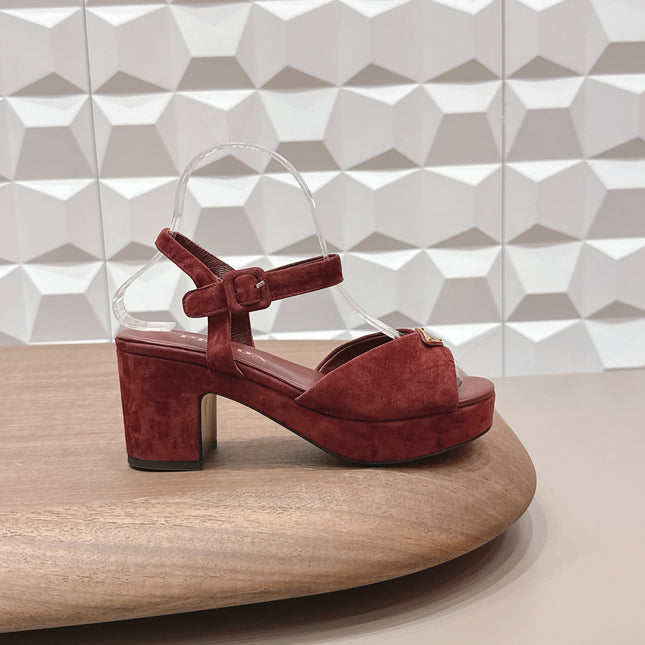 PRADA 26S HEELED SANDALS 75MM IN DARK RED SUEDE WITH LOGO
