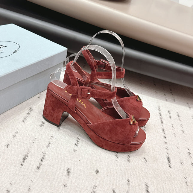PRADA 26S HEELED SANDALS 75MM IN DARK RED SUEDE WITH LOGO
