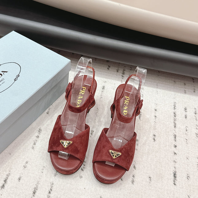 PRADA 26S HEELED SANDALS 75MM IN DARK RED SUEDE WITH LOGO