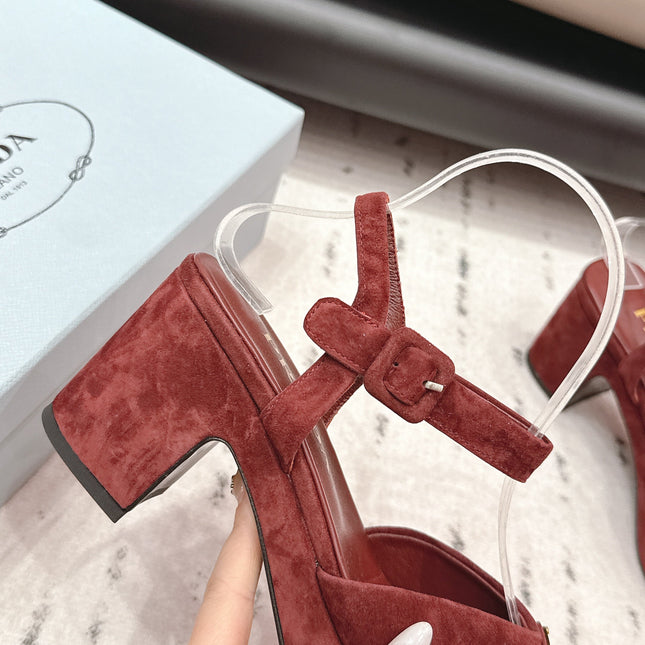 PRADA 26S HEELED SANDALS 75MM IN DARK RED SUEDE WITH LOGO