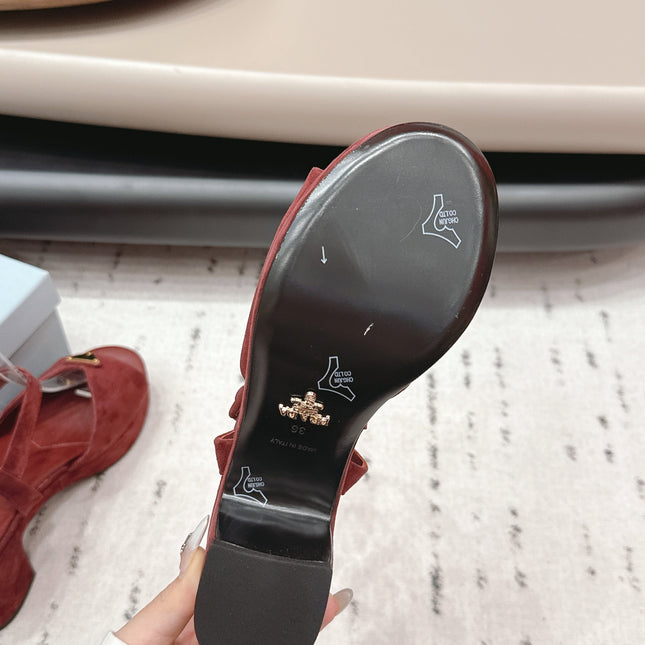 PRADA 26S HEELED SANDALS 75MM IN DARK RED SUEDE WITH LOGO