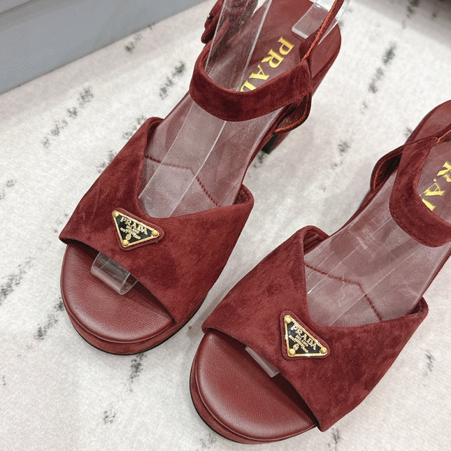 PRADA 26S HEELED SANDALS 75MM IN DARK RED SUEDE WITH LOGO