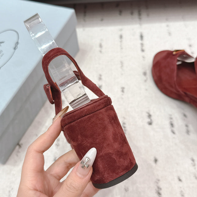 PRADA 26S HEELED SANDALS 75MM IN DARK RED SUEDE WITH LOGO