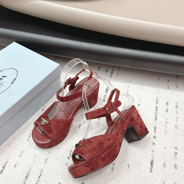 PRADA 26S HEELED SANDALS 75MM IN DARK RED SUEDE WITH LOGO