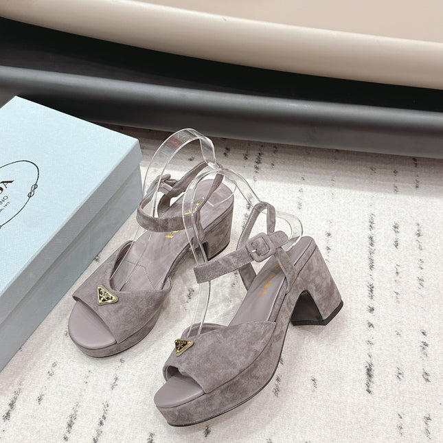 PRADA 26S HEELED SANDALS 75MM IN TAUPE BROWN SUEDE WITH LOGO