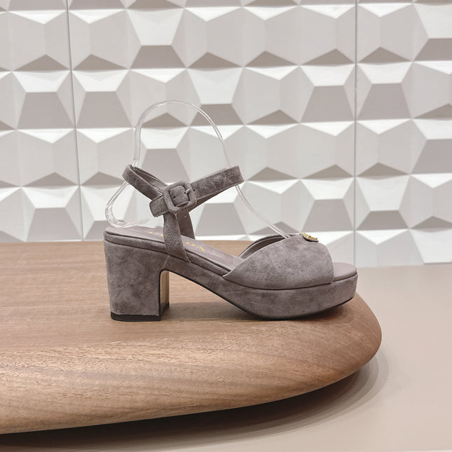 PRADA 26S HEELED SANDALS 75MM IN TAUPE BROWN SUEDE WITH LOGO