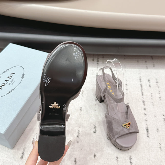 PRADA 26S HEELED SANDALS 75MM IN TAUPE BROWN SUEDE WITH LOGO