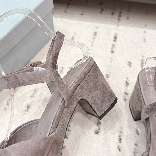 PRADA 26S HEELED SANDALS 75MM IN TAUPE BROWN SUEDE WITH LOGO
