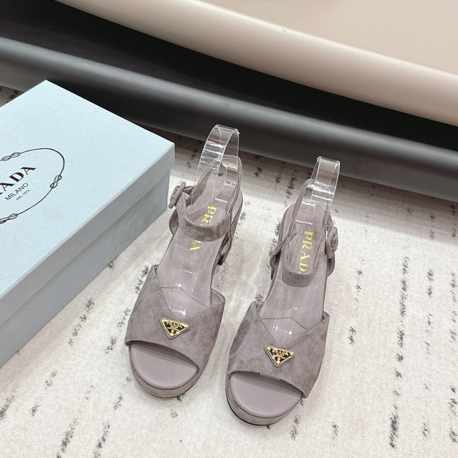 PRADA 26S HEELED SANDALS 75MM IN TAUPE BROWN SUEDE WITH LOGO