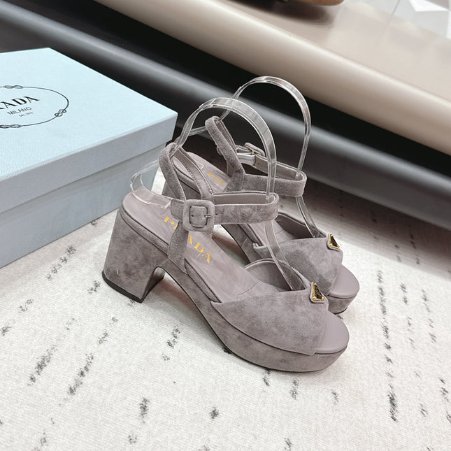 PRADA 26S HEELED SANDALS 75MM IN TAUPE BROWN SUEDE WITH LOGO
