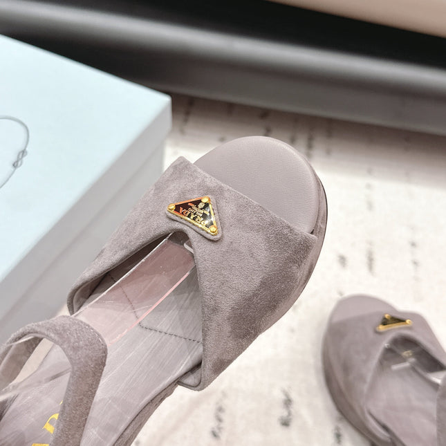 PRADA 26S HEELED SANDALS 75MM IN TAUPE BROWN SUEDE WITH LOGO