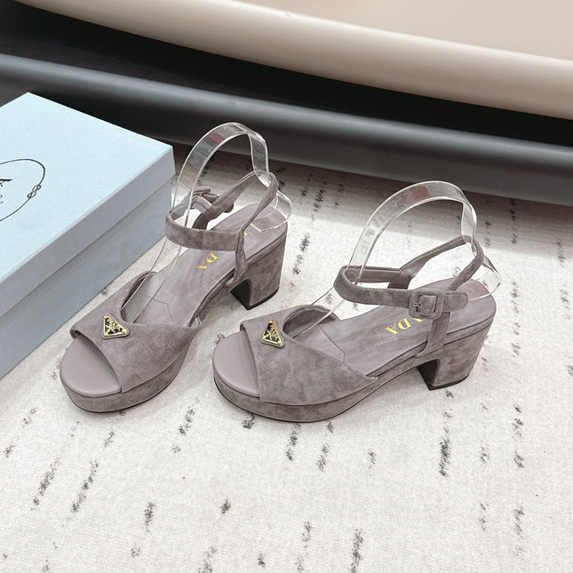 PRADA 26S HEELED SANDALS 75MM IN TAUPE BROWN SUEDE WITH LOGO