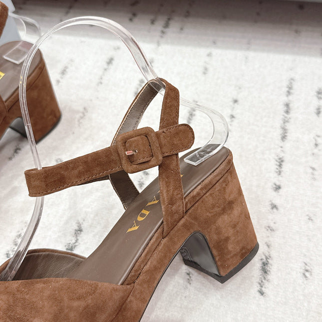 PRADA 26S HEELED SANDALS 75MM IN CARAMEL BROWN SUEDE WITH LOGO