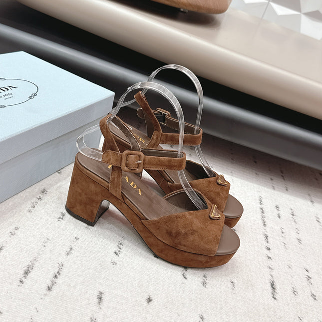 PRADA 26S HEELED SANDALS 75MM IN CARAMEL BROWN SUEDE WITH LOGO