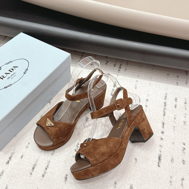 PRADA 26S HEELED SANDALS 75MM IN CARAMEL BROWN SUEDE WITH LOGO