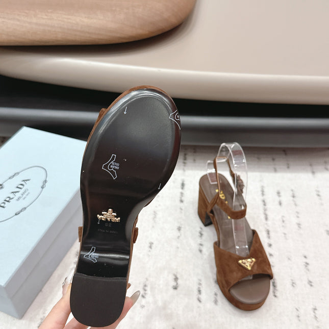PRADA 26S HEELED SANDALS 75MM IN CARAMEL BROWN SUEDE WITH LOGO
