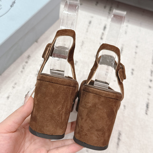 PRADA 26S HEELED SANDALS 75MM IN CARAMEL BROWN SUEDE WITH LOGO