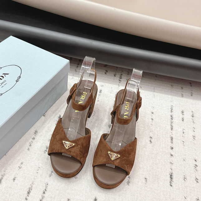 PRADA 26S HEELED SANDALS 75MM IN CARAMEL BROWN SUEDE WITH LOGO