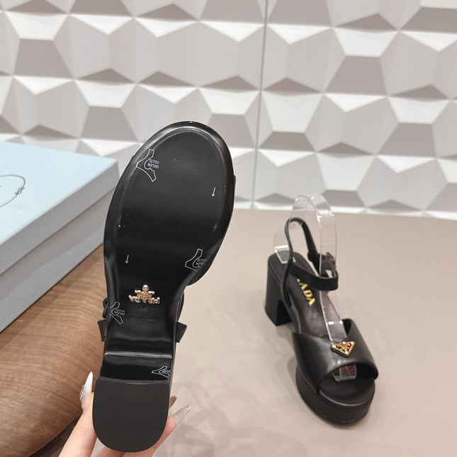 PRADA 26S HEELED SANDALS 75MM IN BLACK CALFSKIN WITH LOGO