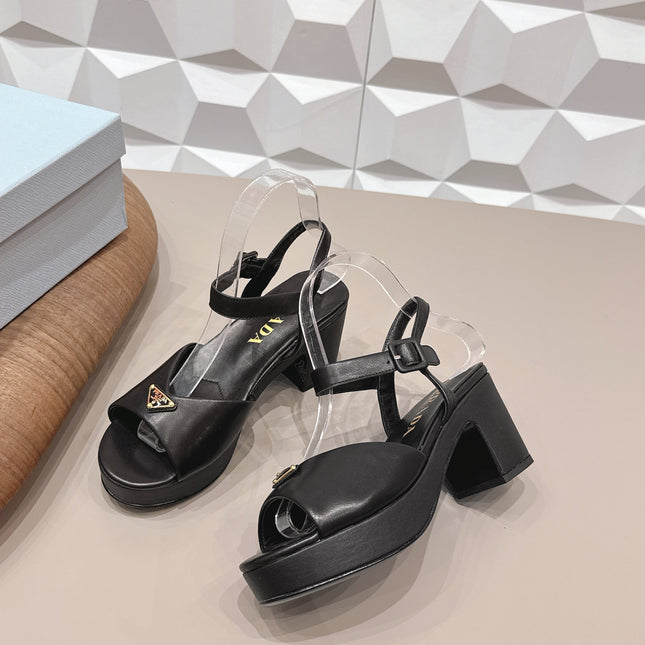 PRADA 26S HEELED SANDALS 75MM IN BLACK CALFSKIN WITH LOGO