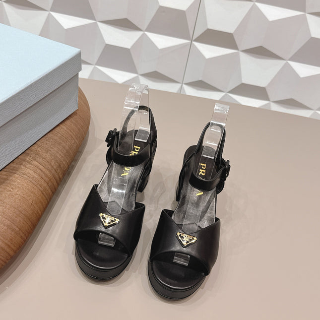 PRADA 26S HEELED SANDALS 75MM IN BLACK CALFSKIN WITH LOGO