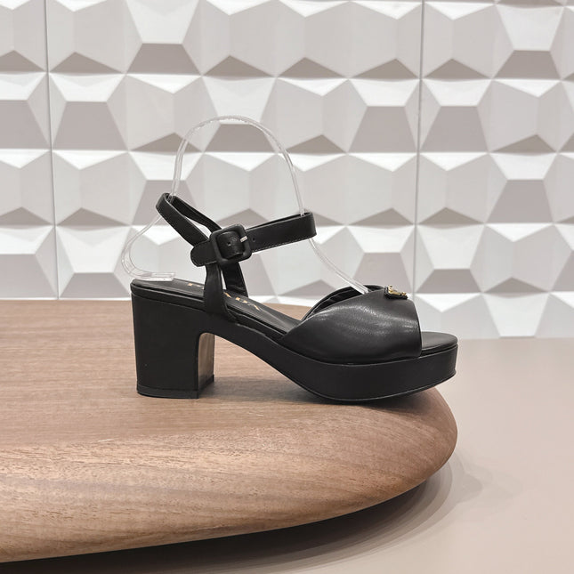 PRADA 26S HEELED SANDALS 75MM IN BLACK CALFSKIN WITH LOGO