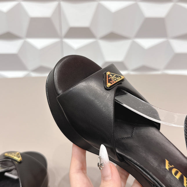 PRADA 26S HEELED SANDALS 75MM IN BLACK CALFSKIN WITH LOGO