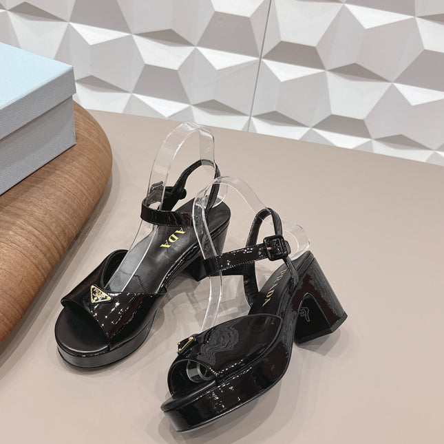 PRADA 26S HEELED SANDALS 75MM IN BLACK PATENT CALFSKIN WITH LOGO