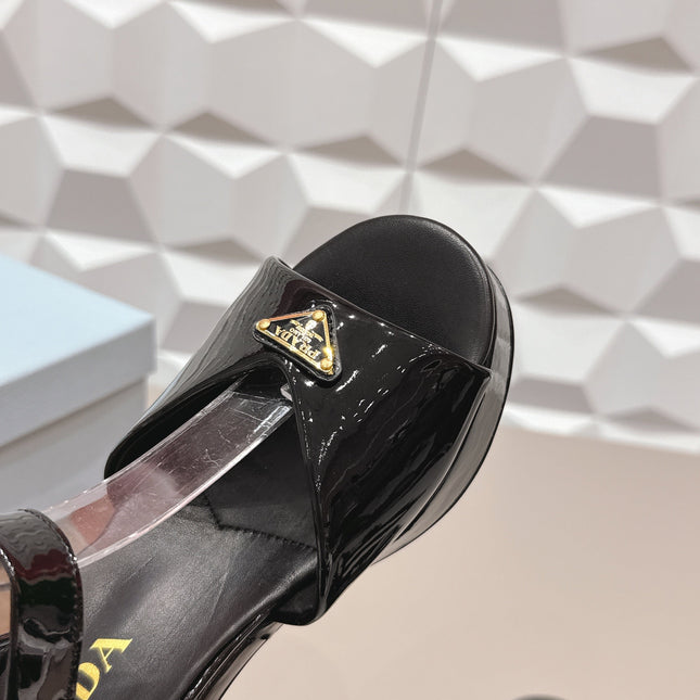 PRADA 26S HEELED SANDALS 75MM IN BLACK PATENT CALFSKIN WITH LOGO