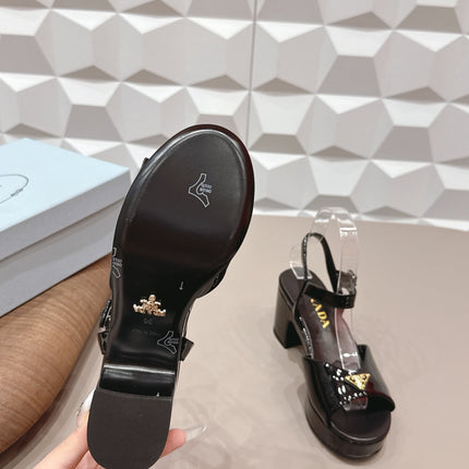 PRADA 26S HEELED SANDALS 75MM IN BLACK PATENT CALFSKIN WITH LOGO