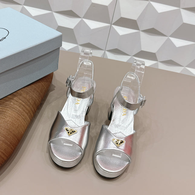 PRADA 26S HEELED SANDALS 75MM IN SILVER CALFSKIN WITH LOGO