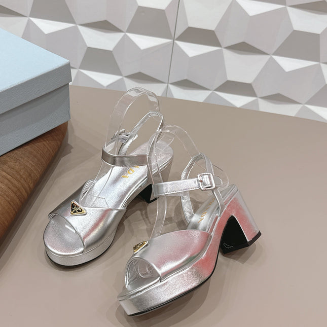 PRADA 26S HEELED SANDALS 75MM IN SILVER CALFSKIN WITH LOGO