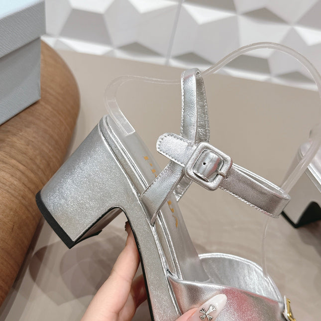 PRADA 26S HEELED SANDALS 75MM IN SILVER CALFSKIN WITH LOGO