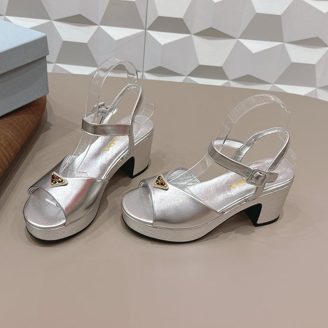 PRADA 26S HEELED SANDALS 75MM IN SILVER CALFSKIN WITH LOGO