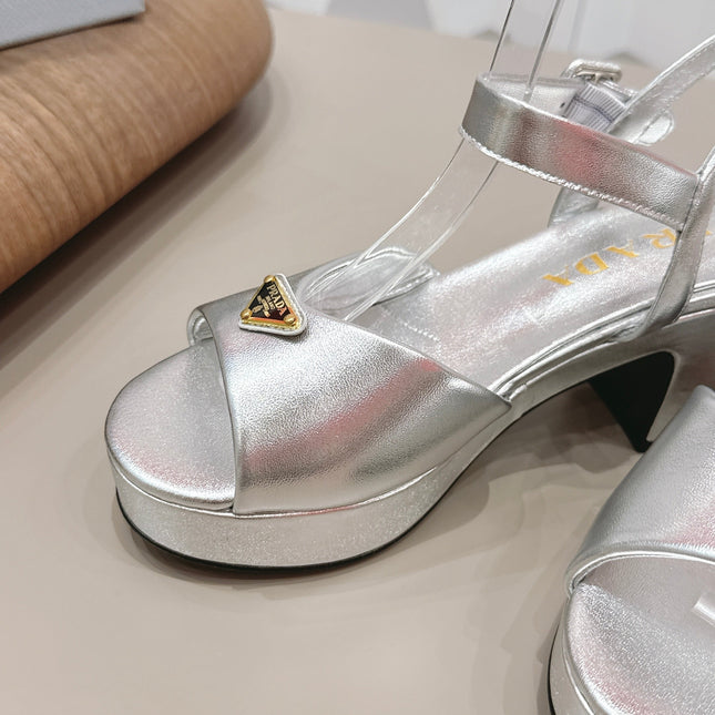 PRADA 26S HEELED SANDALS 75MM IN SILVER CALFSKIN WITH LOGO