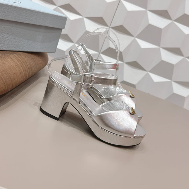PRADA 26S HEELED SANDALS 75MM IN SILVER CALFSKIN WITH LOGO