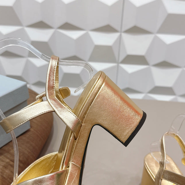 PRADA 26S HEELED SANDALS 75MM IN GOLD CALFSKIN WITH LOGO