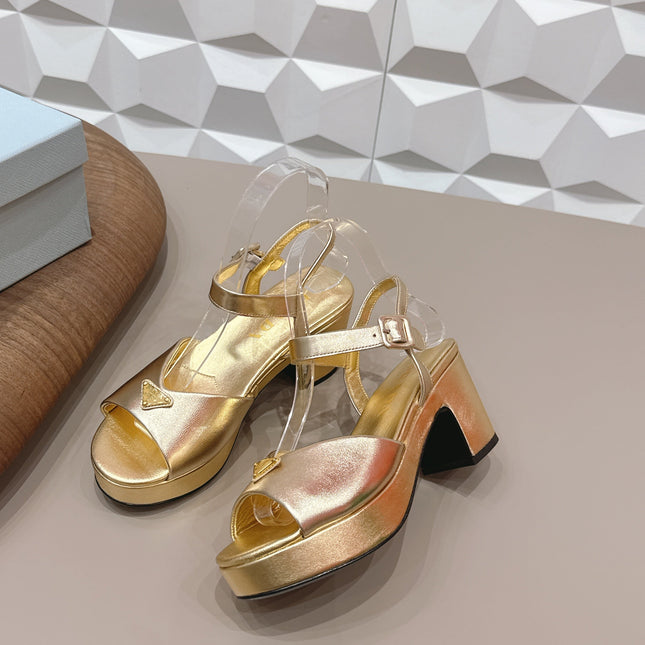 PRADA 26S HEELED SANDALS 75MM IN GOLD CALFSKIN WITH LOGO