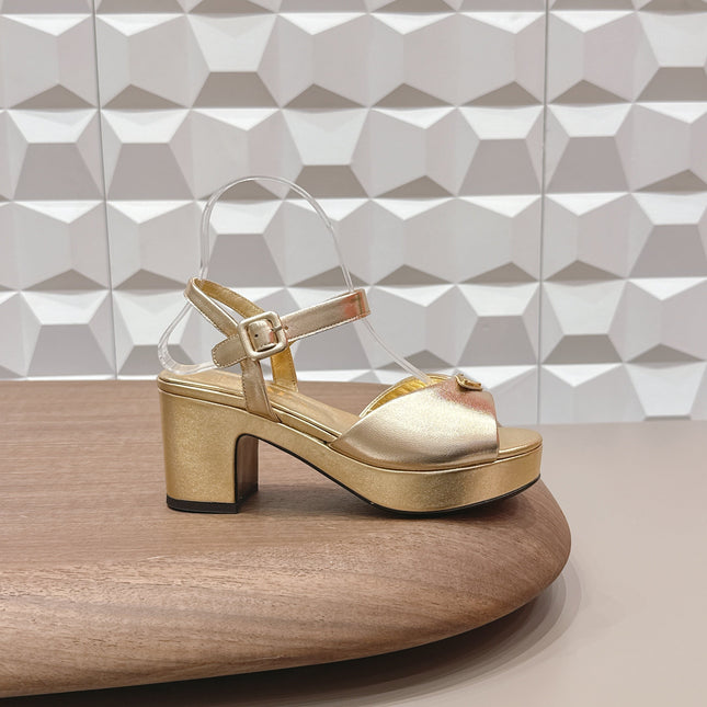 PRADA 26S HEELED SANDALS 75MM IN GOLD CALFSKIN WITH LOGO