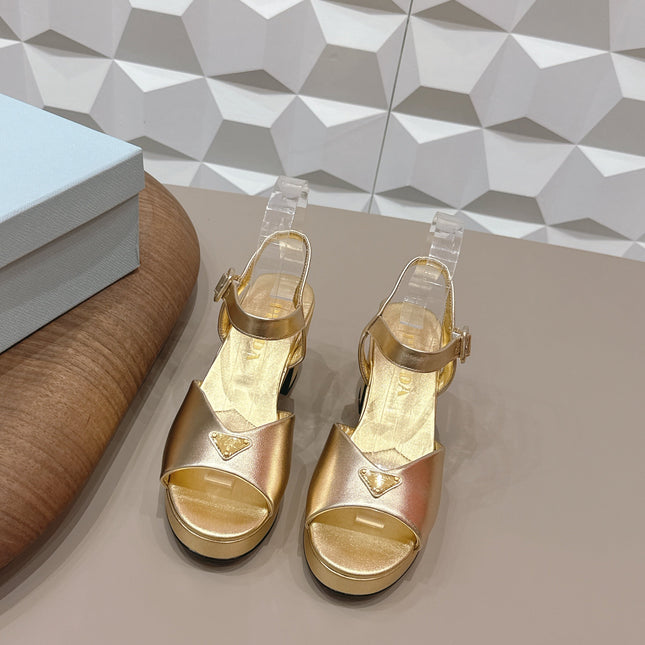 PRADA 26S HEELED SANDALS 75MM IN GOLD CALFSKIN WITH LOGO