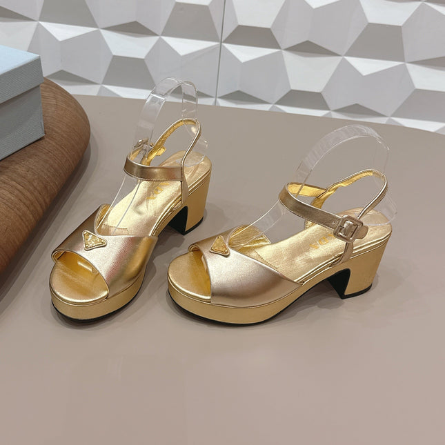 PRADA 26S HEELED SANDALS 75MM IN GOLD CALFSKIN WITH LOGO