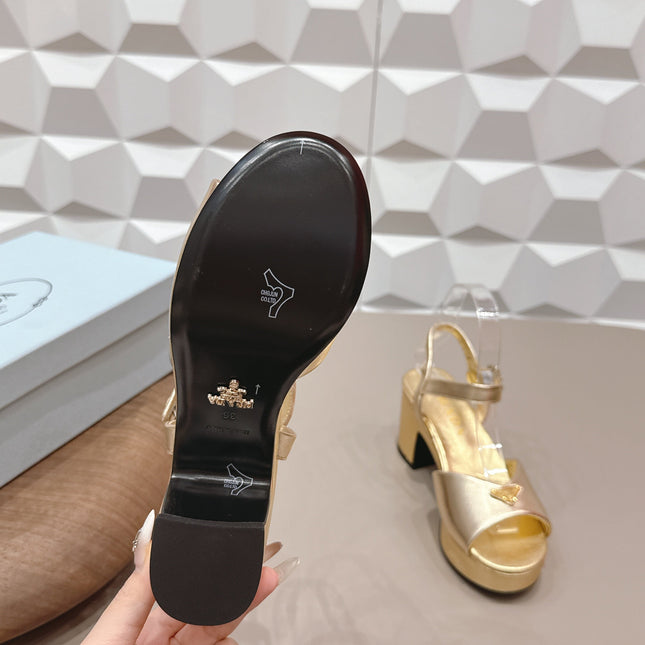 PRADA 26S HEELED SANDALS 75MM IN GOLD CALFSKIN WITH LOGO