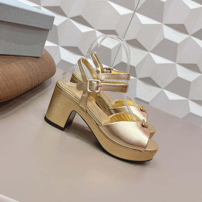 PRADA 26S HEELED SANDALS 75MM IN GOLD CALFSKIN WITH LOGO